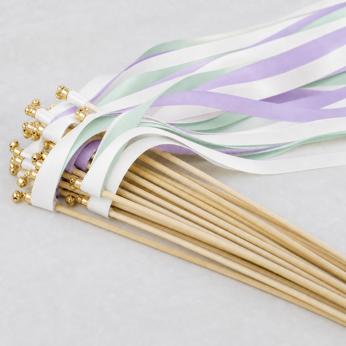 Handmade Orchid Sea Glass Wedding Wands with Bell - White, Orchid and Seamist Ribbons