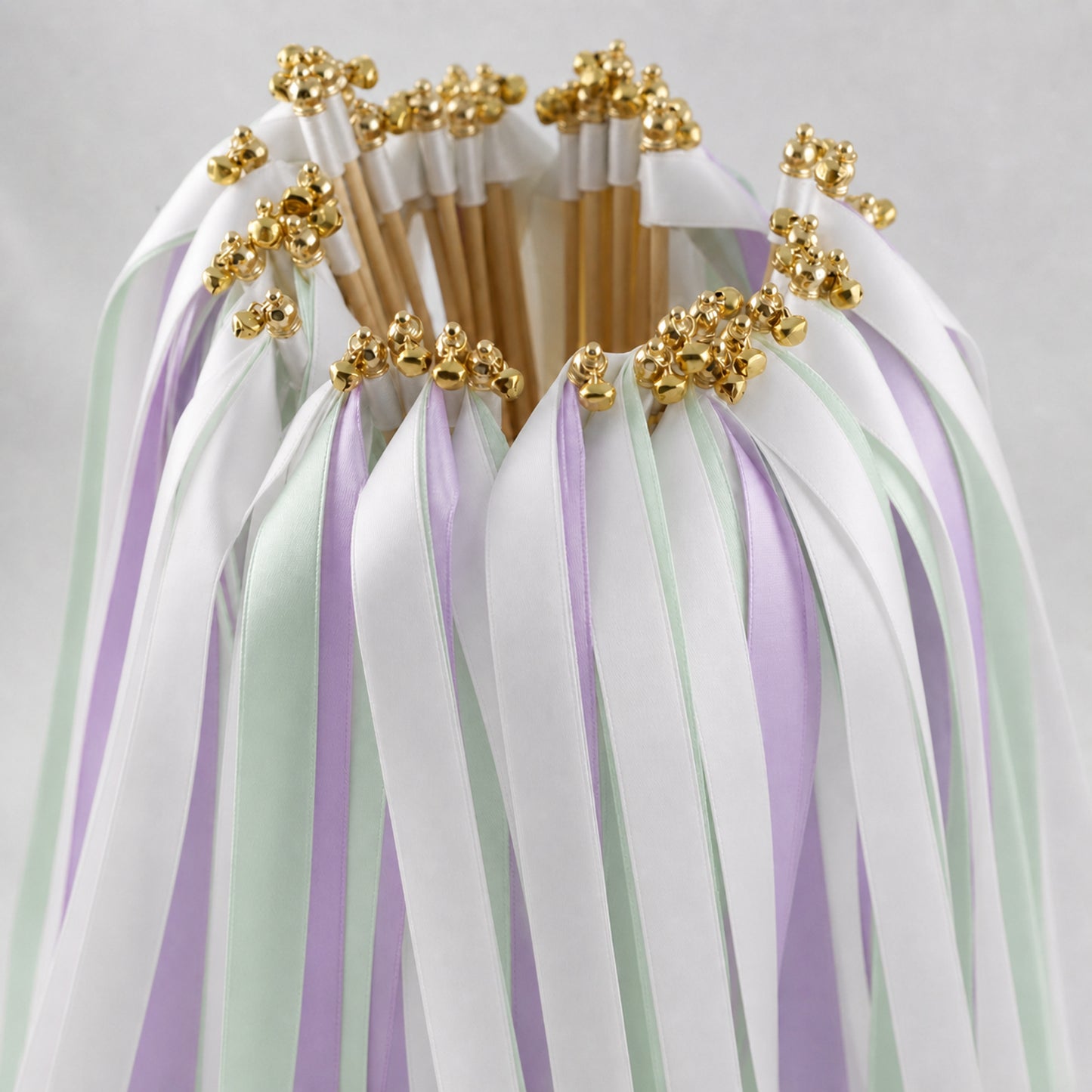 Handmade Orchid Sea Glass Wedding Wands with Bell - White, Orchid and Seamist Ribbons