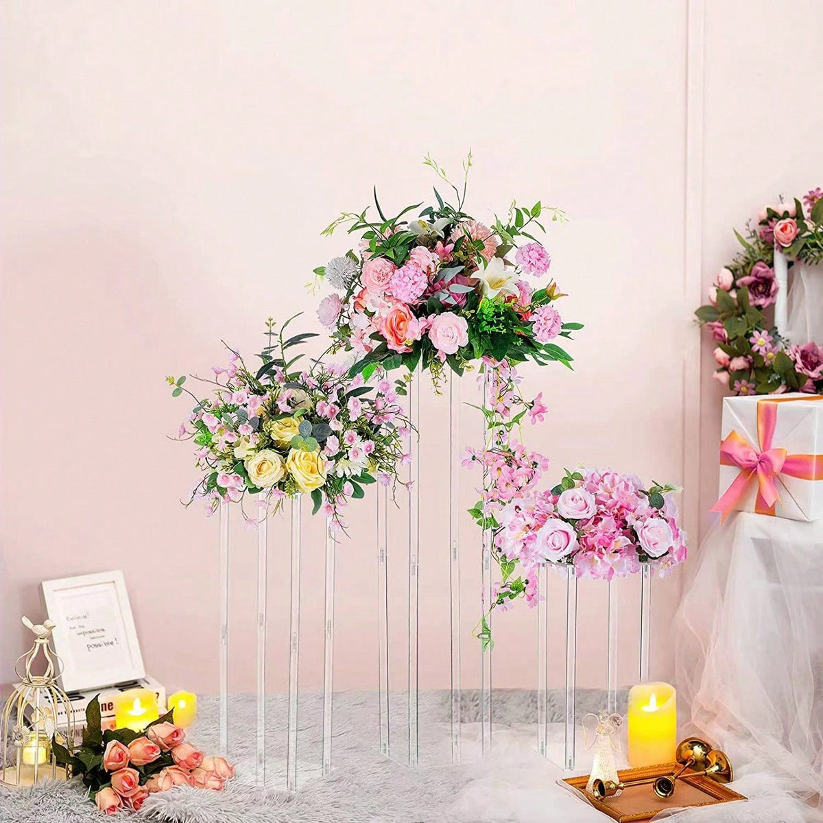 Square Acrylic Flower Stand Clear Column Vase Geometric Centerpiece