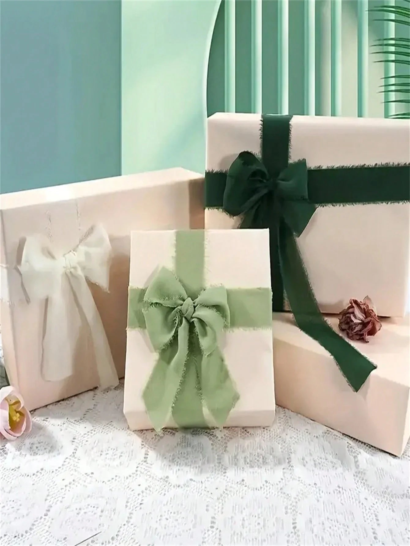 Handmade Chiffon Ribbon with Tassels 1.5 Inch x 5 m Frayed Edge Green Wedding Craft