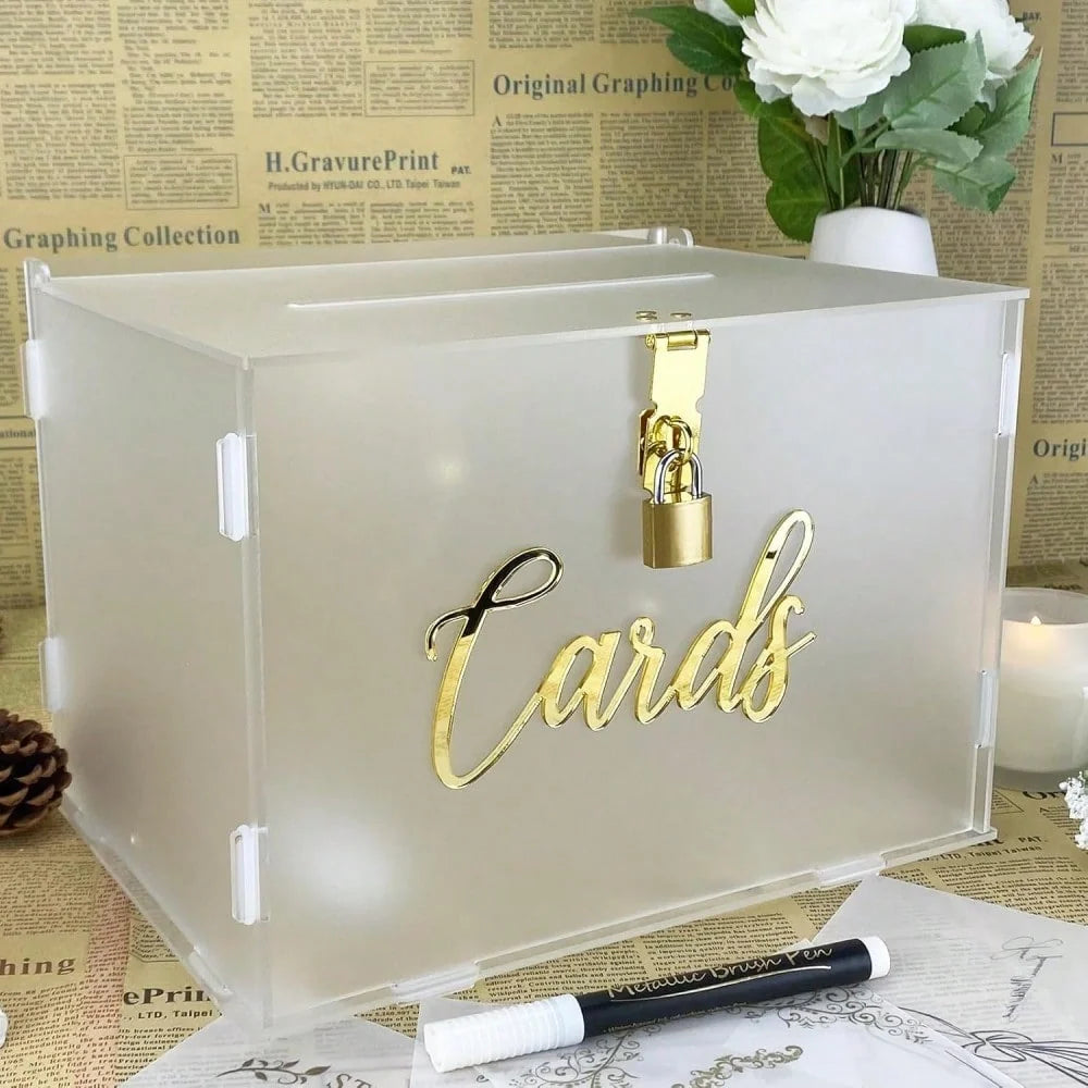Frosted Acrylic Wedding Card Box with Lock for Receptions & Parties