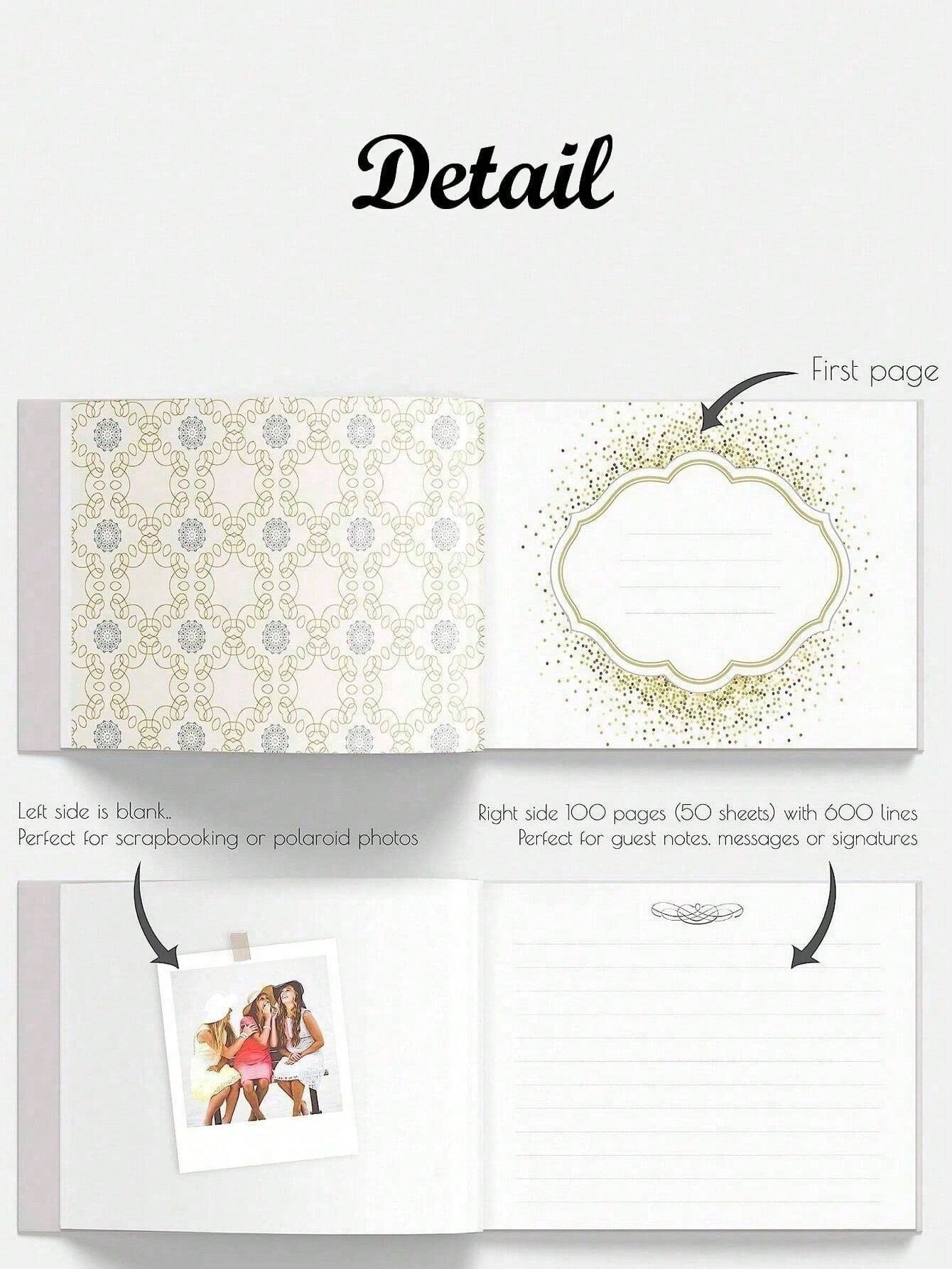 Golden Guest Book with Pen 23x18 cm Hardcover Polaroid Book Foil Gilded Edges