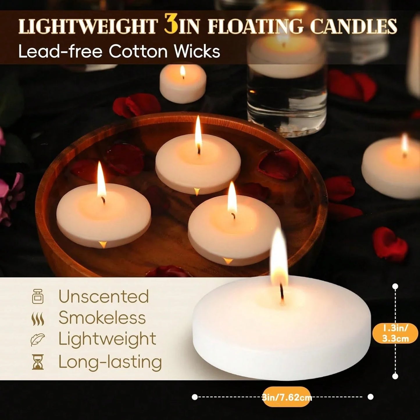 7.6cm White Smokeless Floating Wax Candles for Weddings & Parties