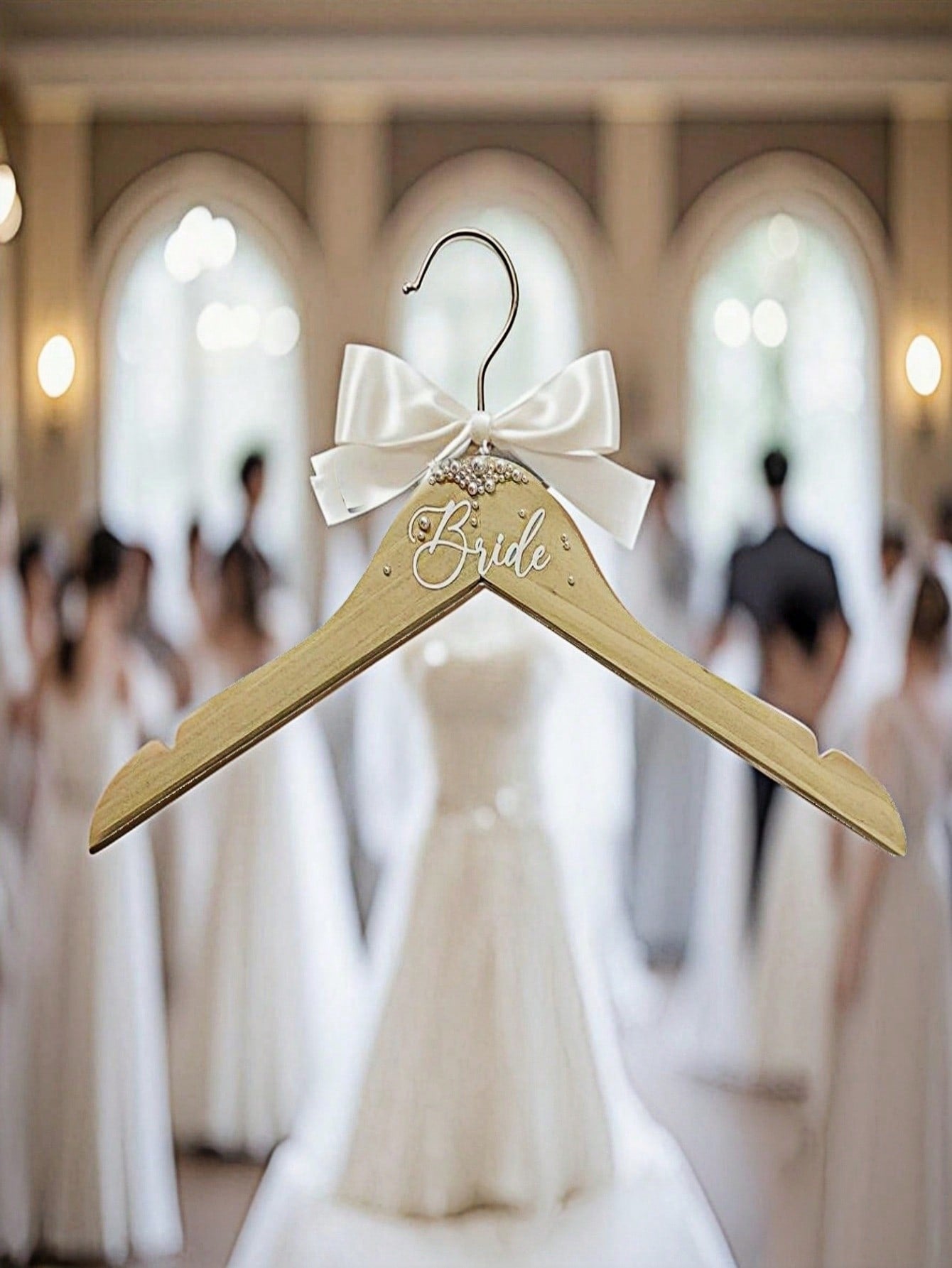 Wooden Hanger with Faux Pearl Ribbon Bride Wedding Decor
