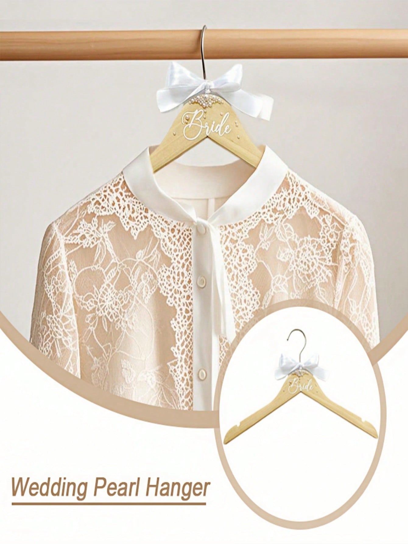 Wooden Hanger with Faux Pearl Ribbon Bride Wedding Decor