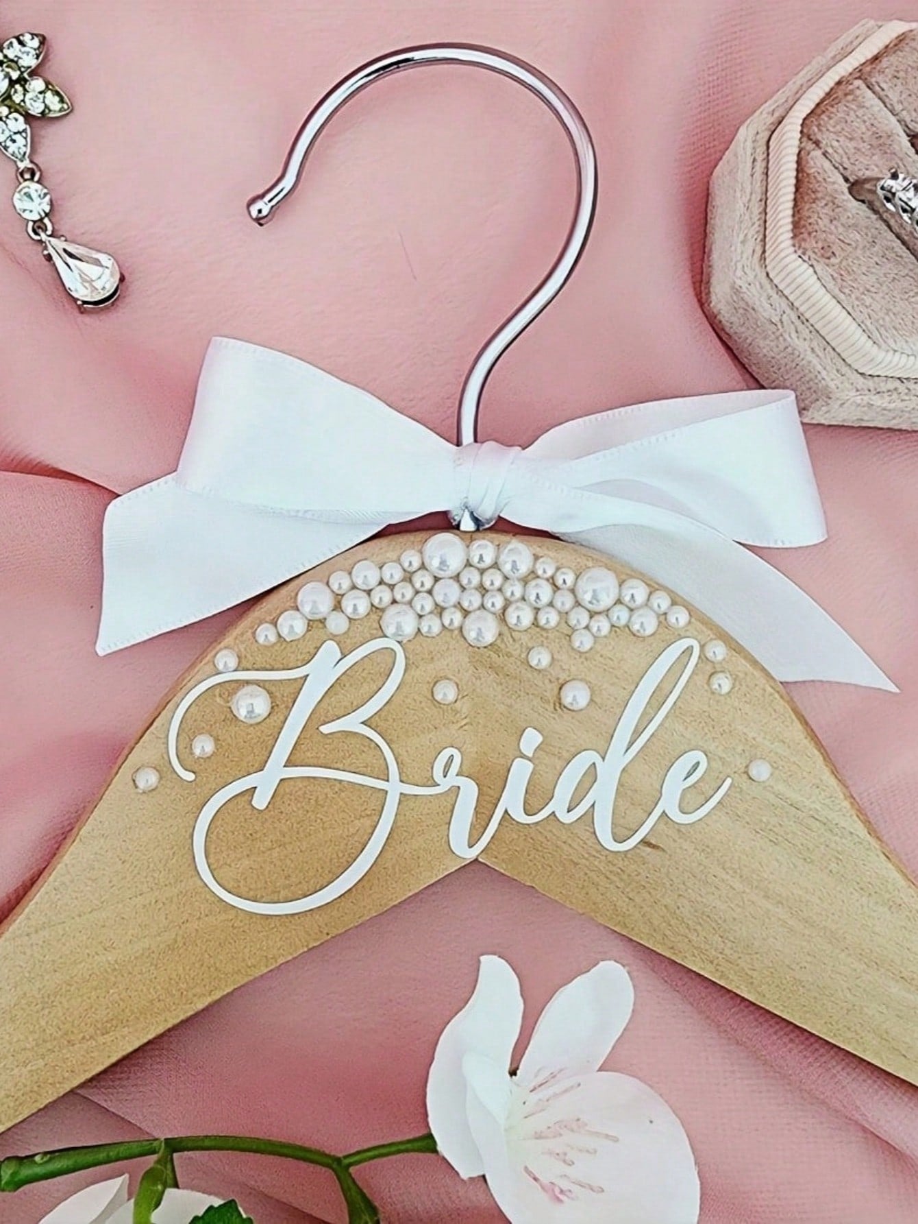 Wooden Hanger with Faux Pearl Ribbon Bride Wedding Decor