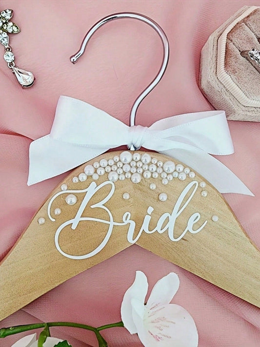 Wooden Hanger with Faux Pearl Ribbon Bride Wedding Decor