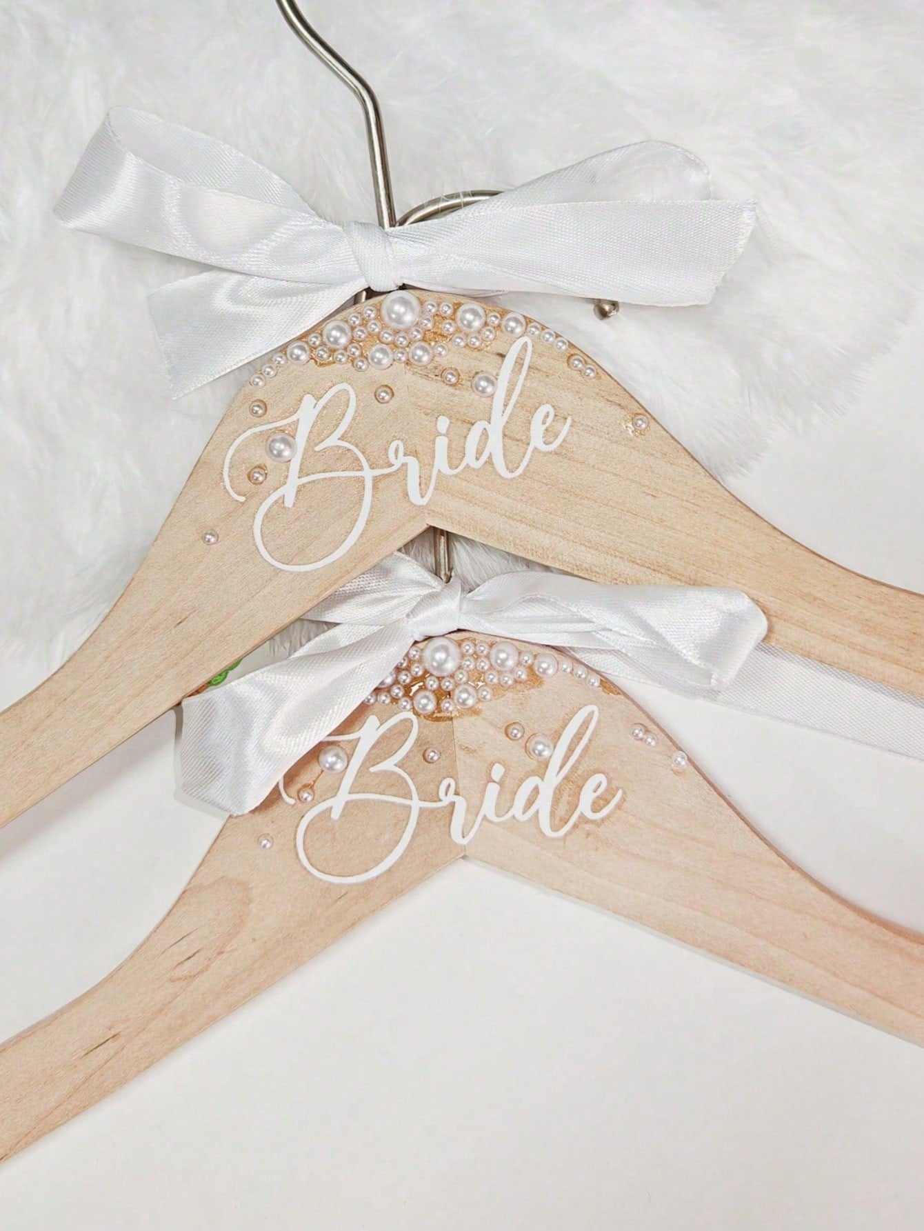 Wooden Hanger with Faux Pearl Ribbon Bride Wedding Decor