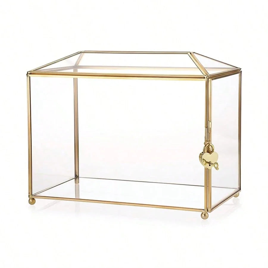 Golden Glass Card Box with Lock and Slot 25.9x15x21.1 cm