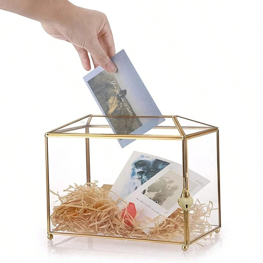 Golden Glass Card Box with Lock and Slot 25.9x15x21.1 cm