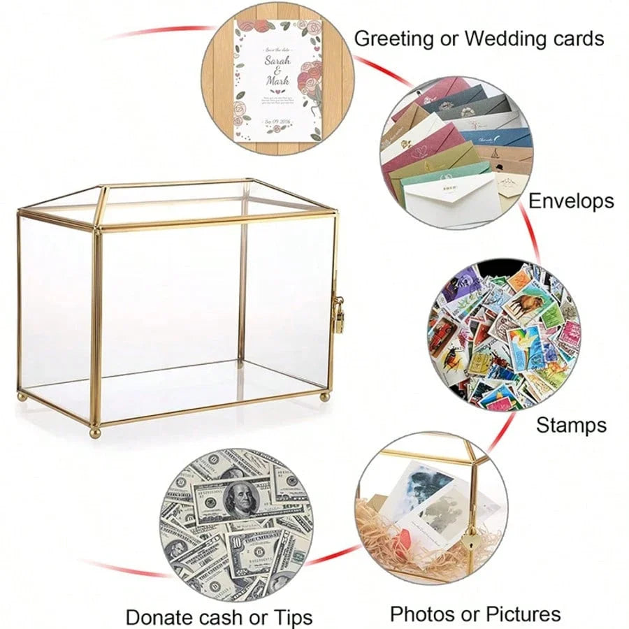 Golden Glass Card Box with Lock and Slot 25.9x15x21.1 cm