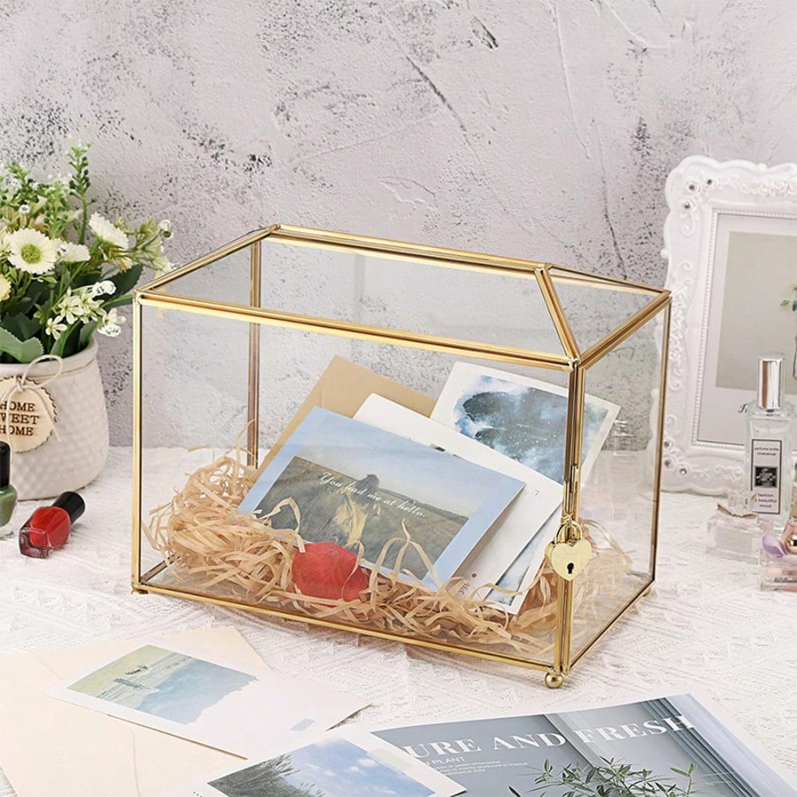 Golden Glass Card Box with Lock and Slot 25.9x15x21.1 cm