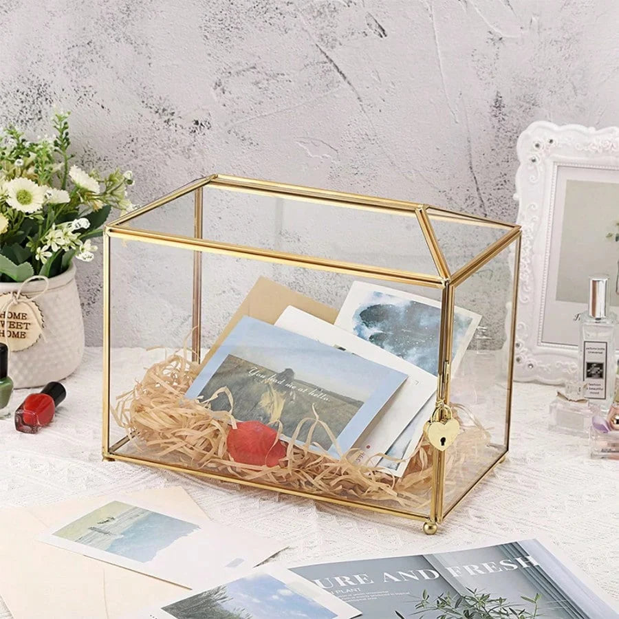 Golden Glass Card Box with Lock and Slot 25.9x15x21.1 cm