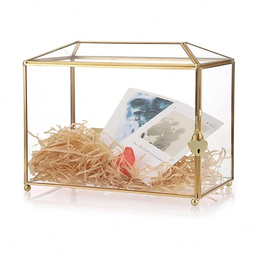 Golden Glass Card Box with Lock and Slot 25.9x15x21.1 cm