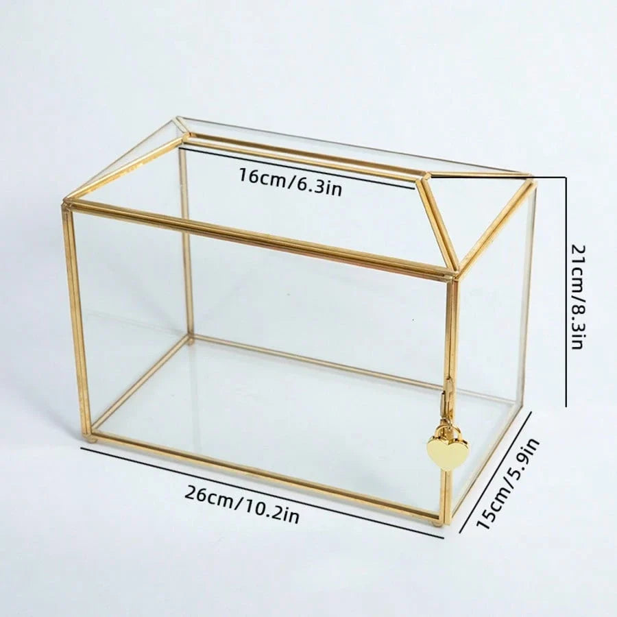 Golden Glass Card Box with Lock and Slot 25.9x15x21.1 cm