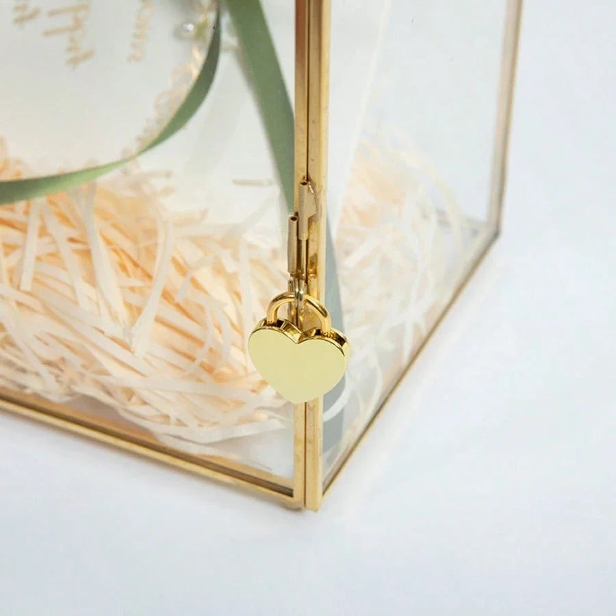 Golden Glass Card Box with Lock and Slot 25.9x15x21.1 cm