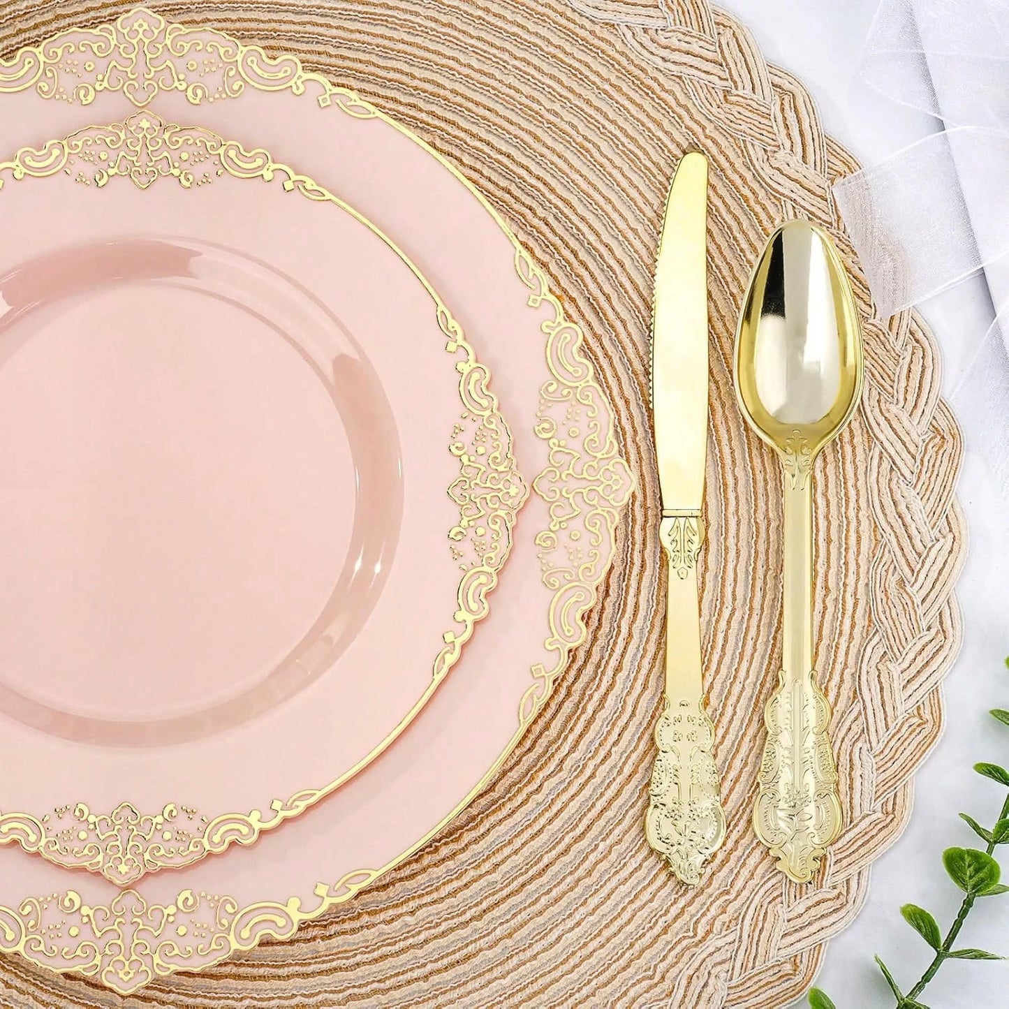 175-Piece Pink Gold Rim Disposable Plastic Dinnerware Set for 25 Guests