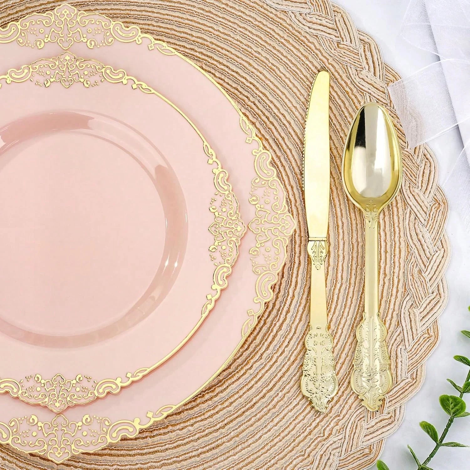 175-Piece Pink Gold Rim Disposable Plastic Dinnerware Set for 25 Guests
