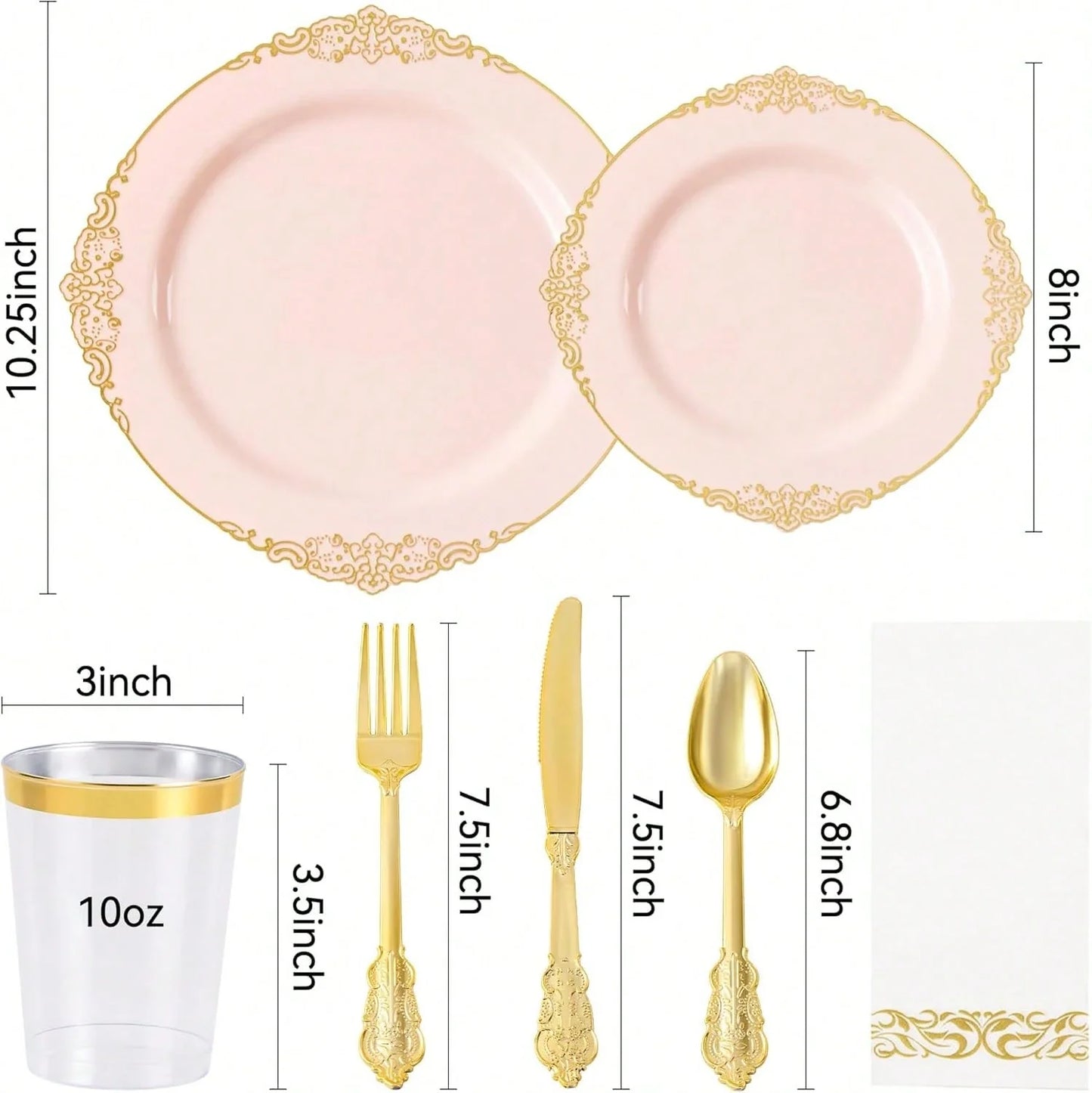 175-Piece Pink Gold Rim Disposable Plastic Dinnerware Set for 25 Guests