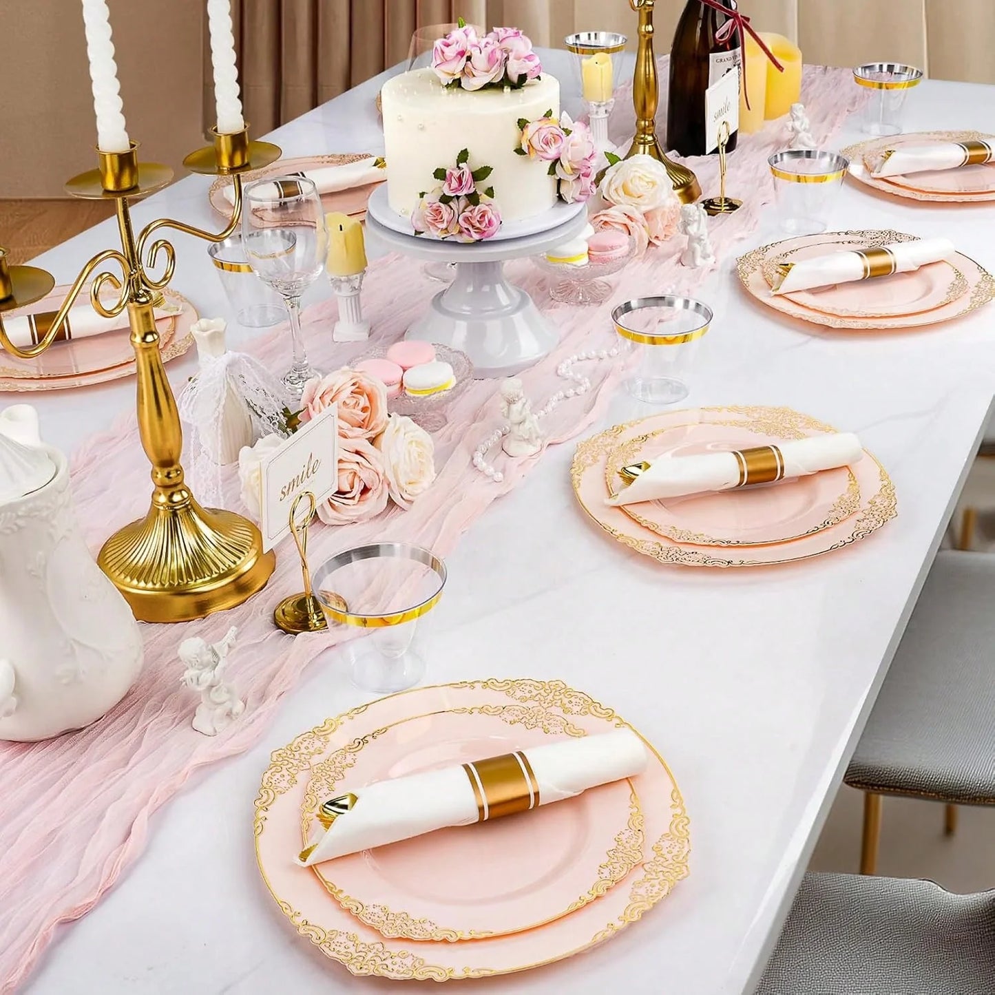 175-Piece Pink Gold Rim Disposable Plastic Dinnerware Set for 25 Guests
