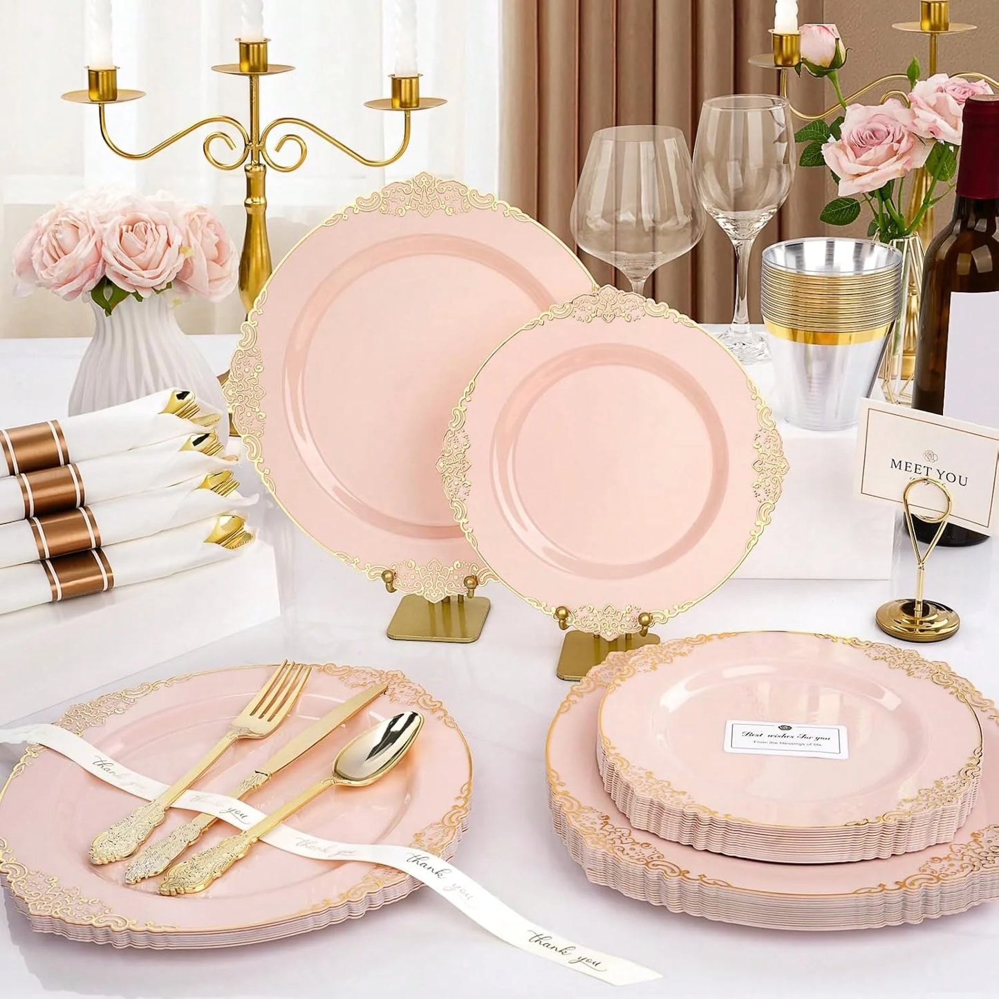 175-Piece Pink Gold Rim Disposable Plastic Dinnerware Set for 25 Guests
