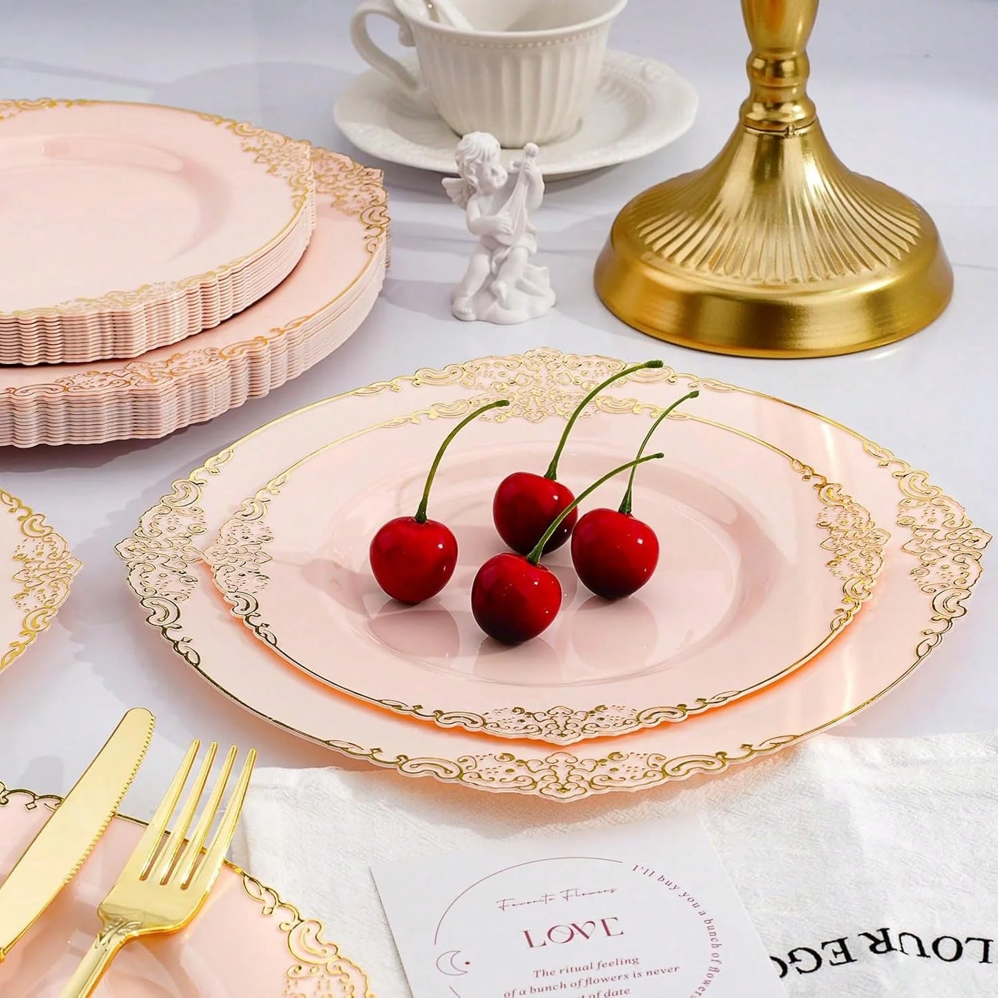 175-Piece Pink Gold Rim Disposable Plastic Dinnerware Set for 25 Guests