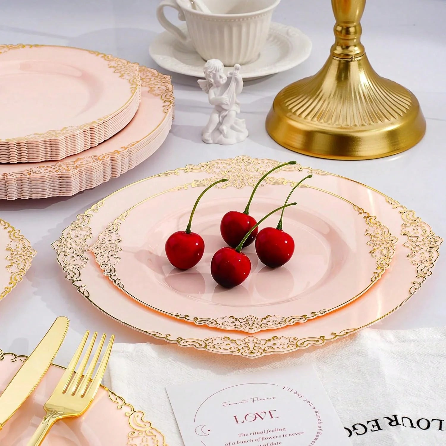175-Piece Pink Gold Rim Disposable Plastic Dinnerware Set for 25 Guests