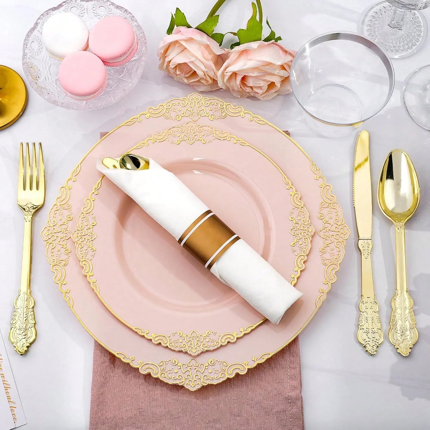 175-Piece Pink Gold Rim Disposable Plastic Dinnerware Set for 25 Guests