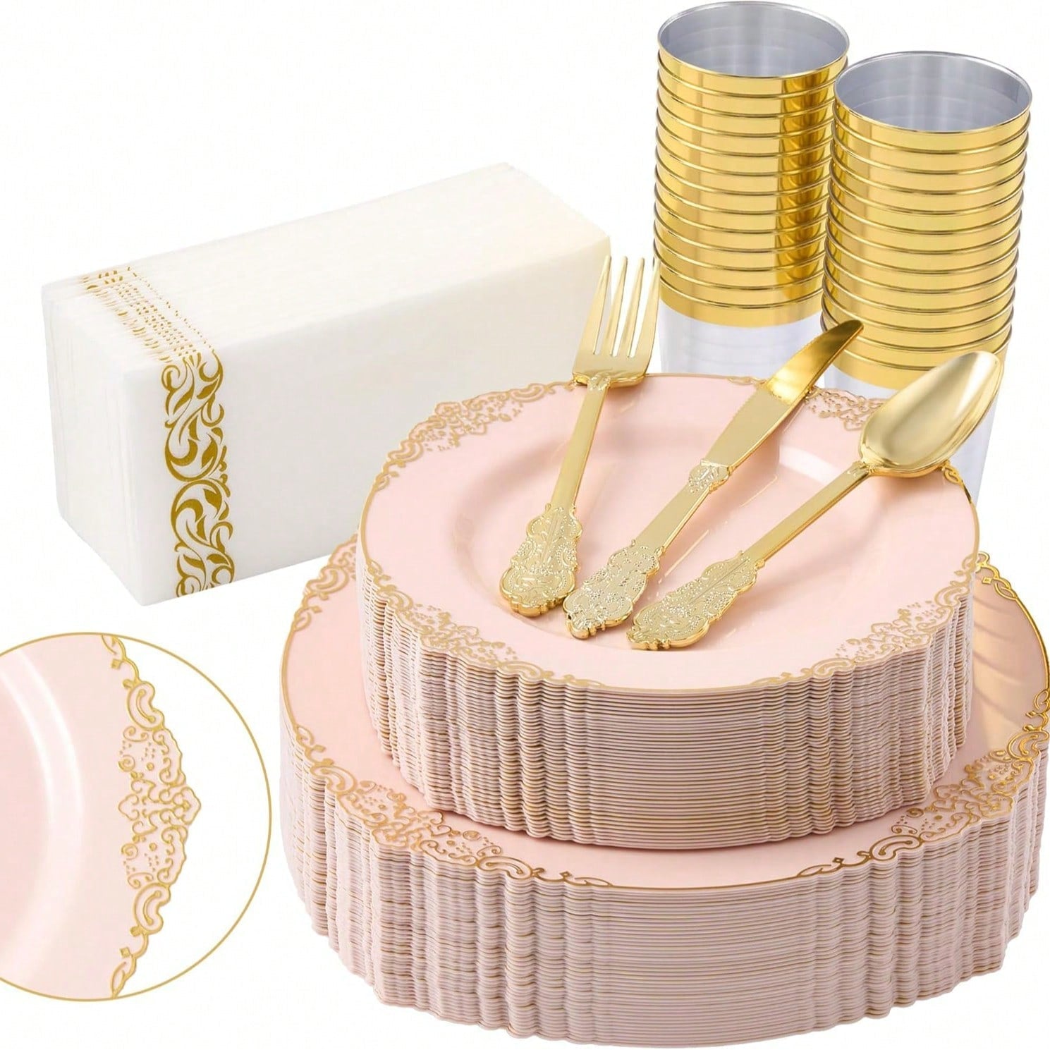 175-Piece Pink Gold Rim Disposable Plastic Dinnerware Set for 25 Guests