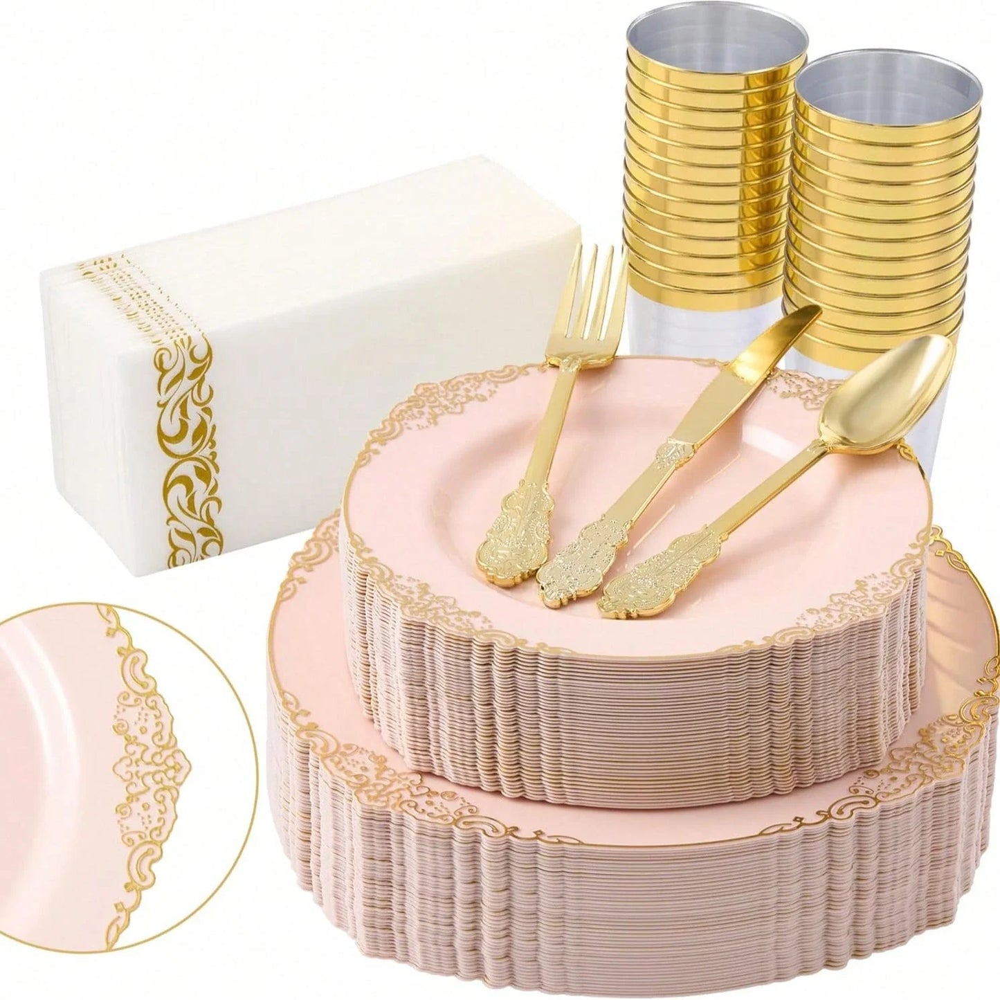 175-Piece Pink Gold Rim Disposable Plastic Dinnerware Set for 25 Guests
