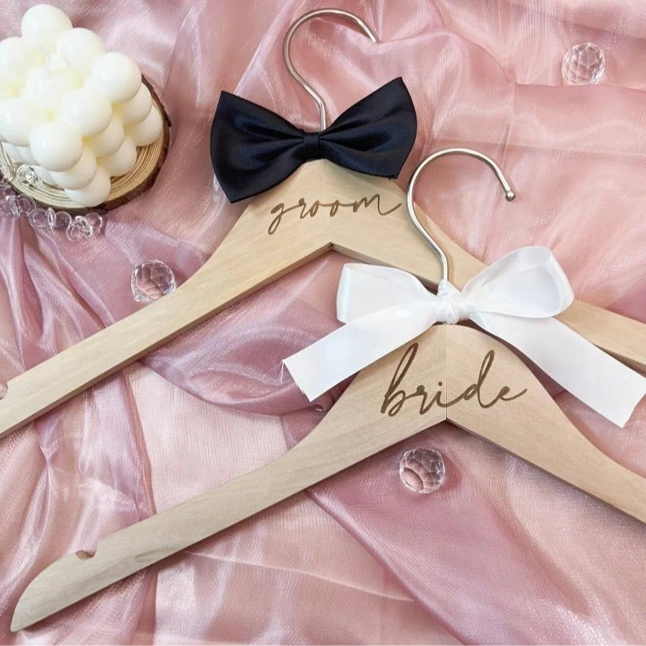 2-Piece Wooden Bride Groom Wedding Dress Hangers with Ribbons