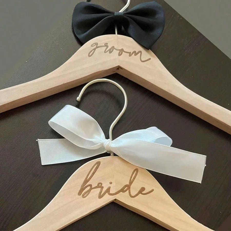 2-Piece Wooden Bride Groom Wedding Dress Hangers with Ribbons