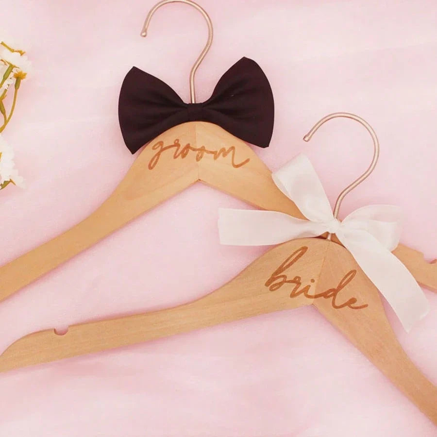 2-Piece Wooden Bride Groom Wedding Dress Hangers with Ribbons