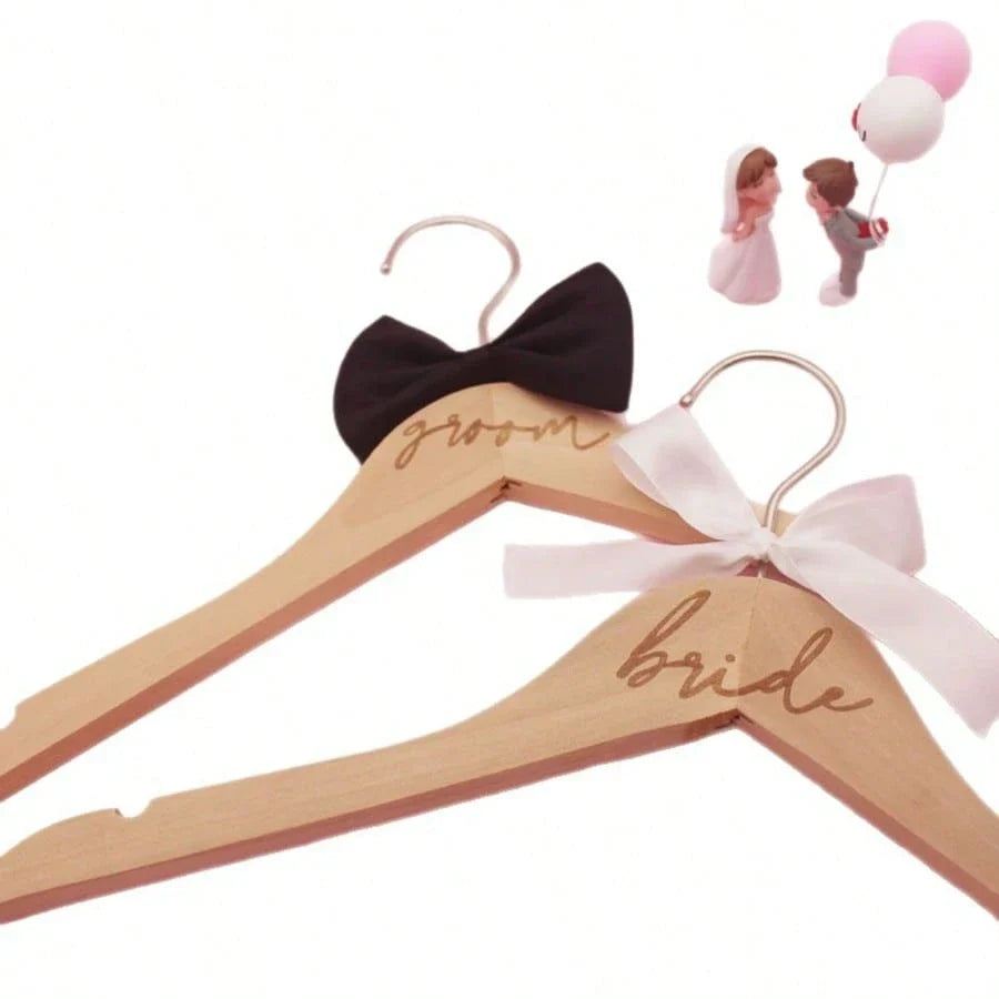 2-Piece Wooden Bride Groom Wedding Dress Hangers with Ribbons