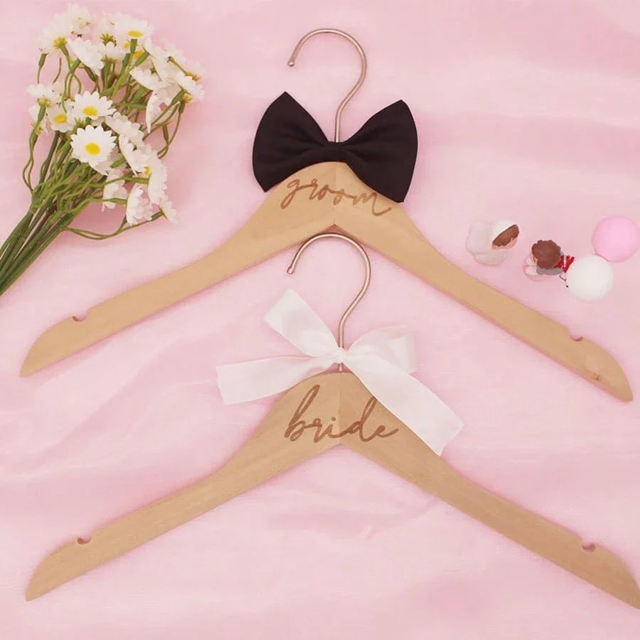 2-Piece Wooden Bride Groom Wedding Dress Hangers with Ribbons