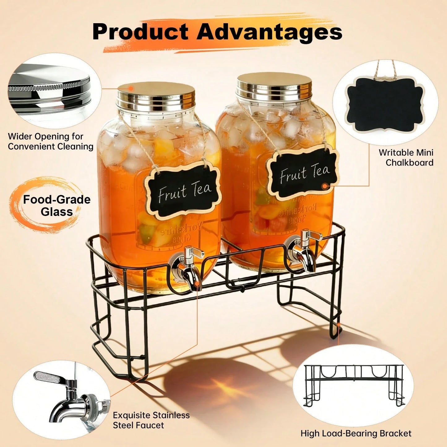 2-Piece 3.8L Glass Beverage Dispenser Set with Stand and Faucet