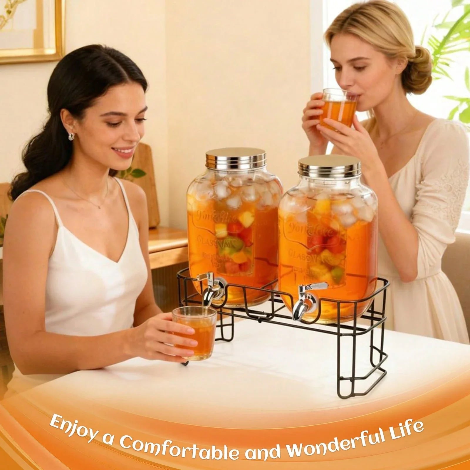 2-Piece 3.8L Glass Beverage Dispenser Set with Stand and Faucet
