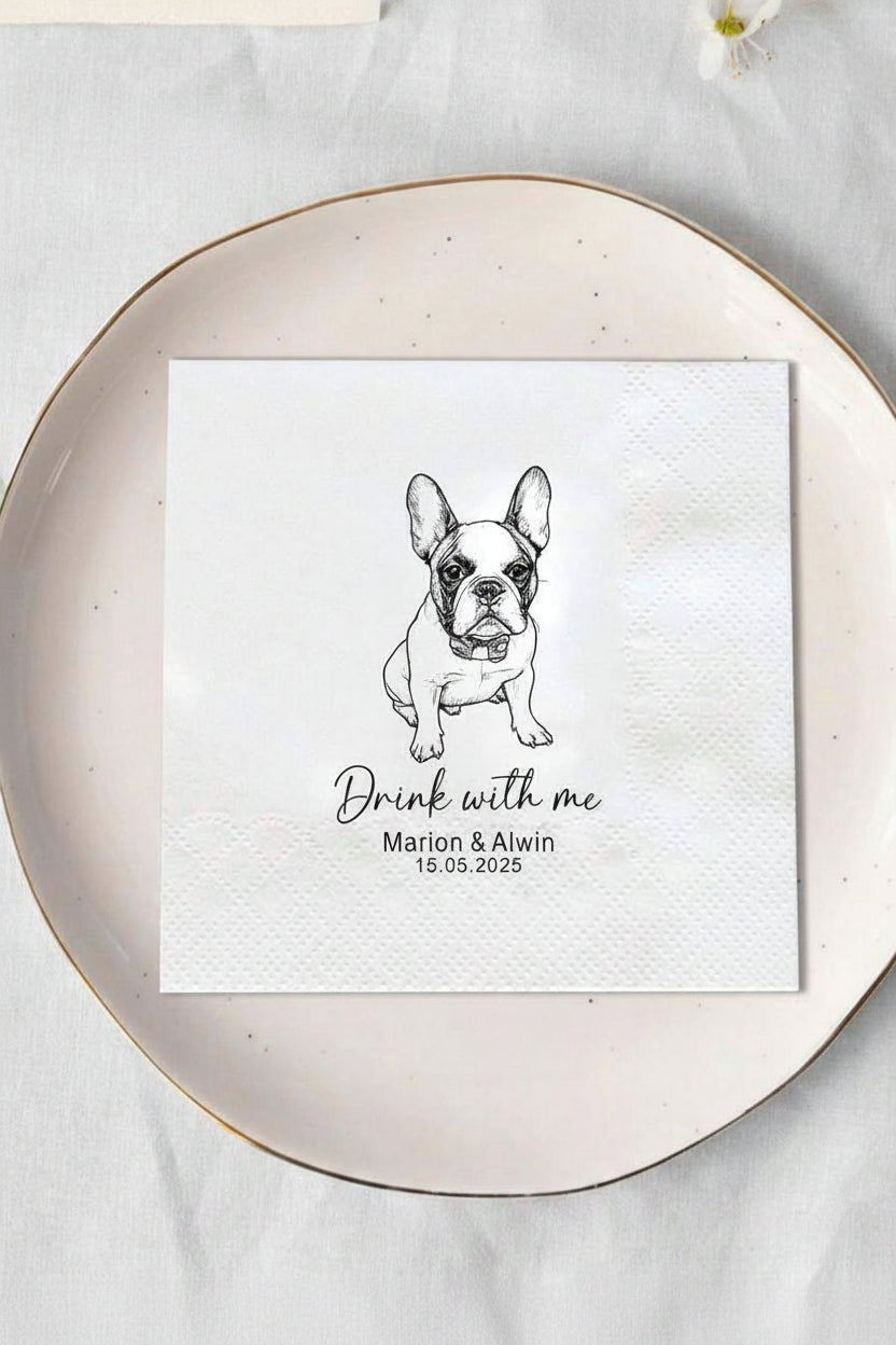 Personalized Pet Cocktail Napkins, Handmade Illustrated Napkins Customized Dog Wedding Napkins