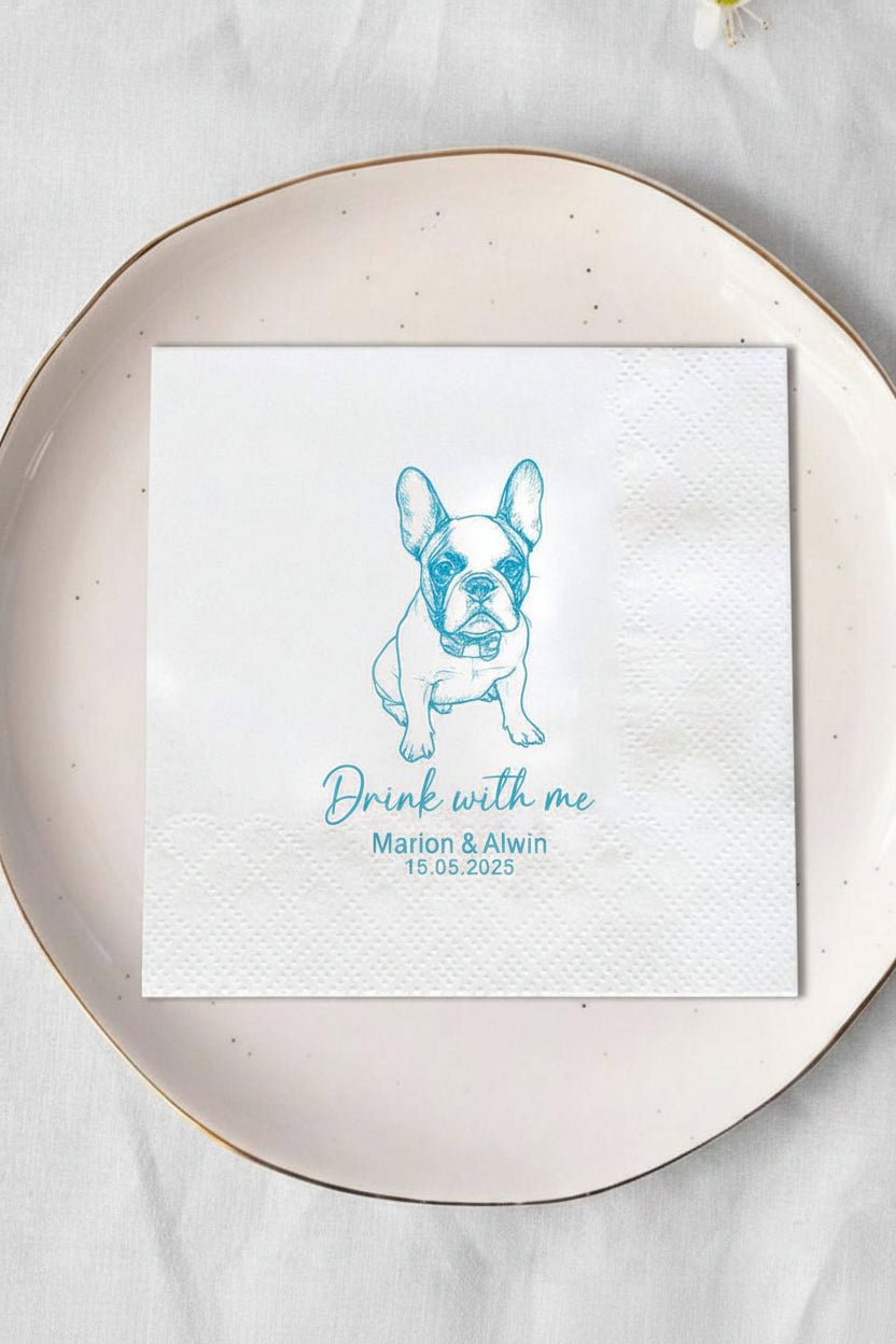 Personalized Pet Cocktail Napkins, Handmade Illustrated Napkins Customized Dog Wedding Napkins
