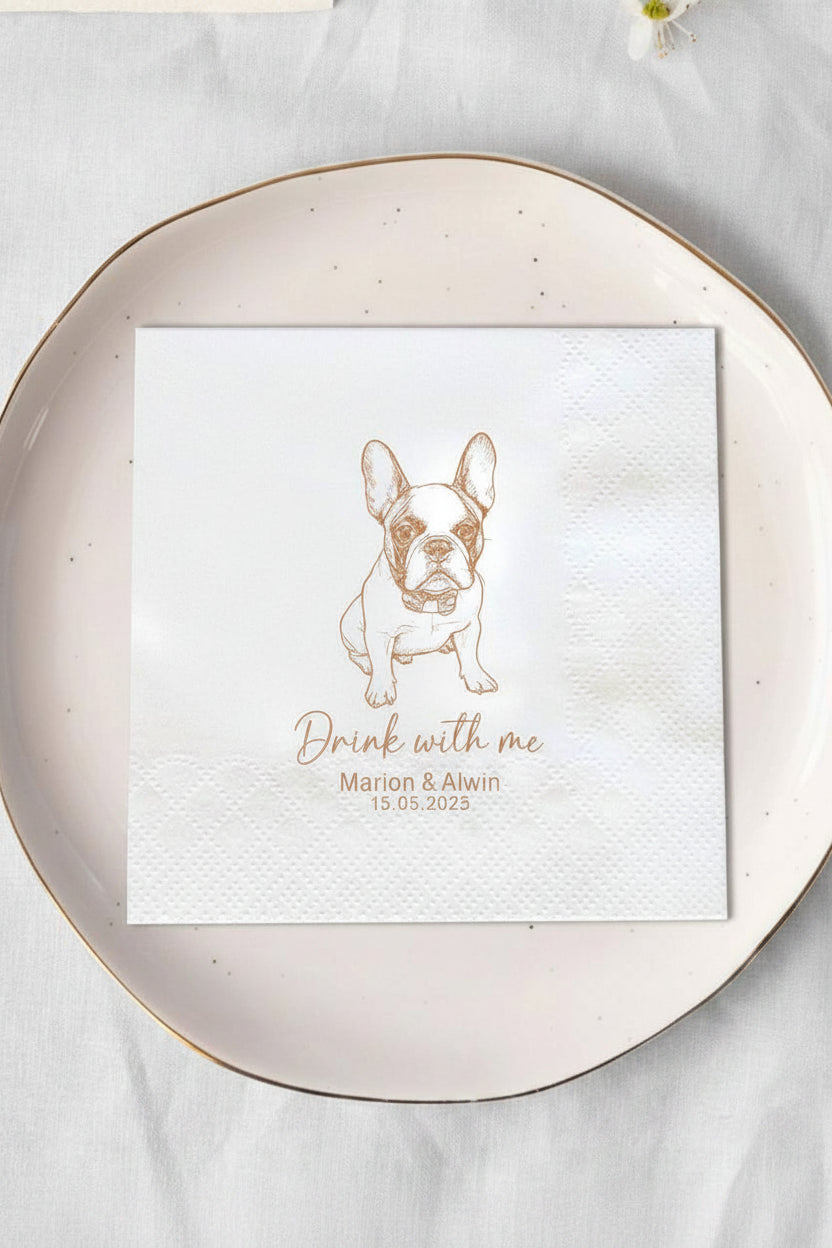 Personalized Pet Cocktail Napkins, Handmade Illustrated Napkins Customized Dog Wedding Napkins