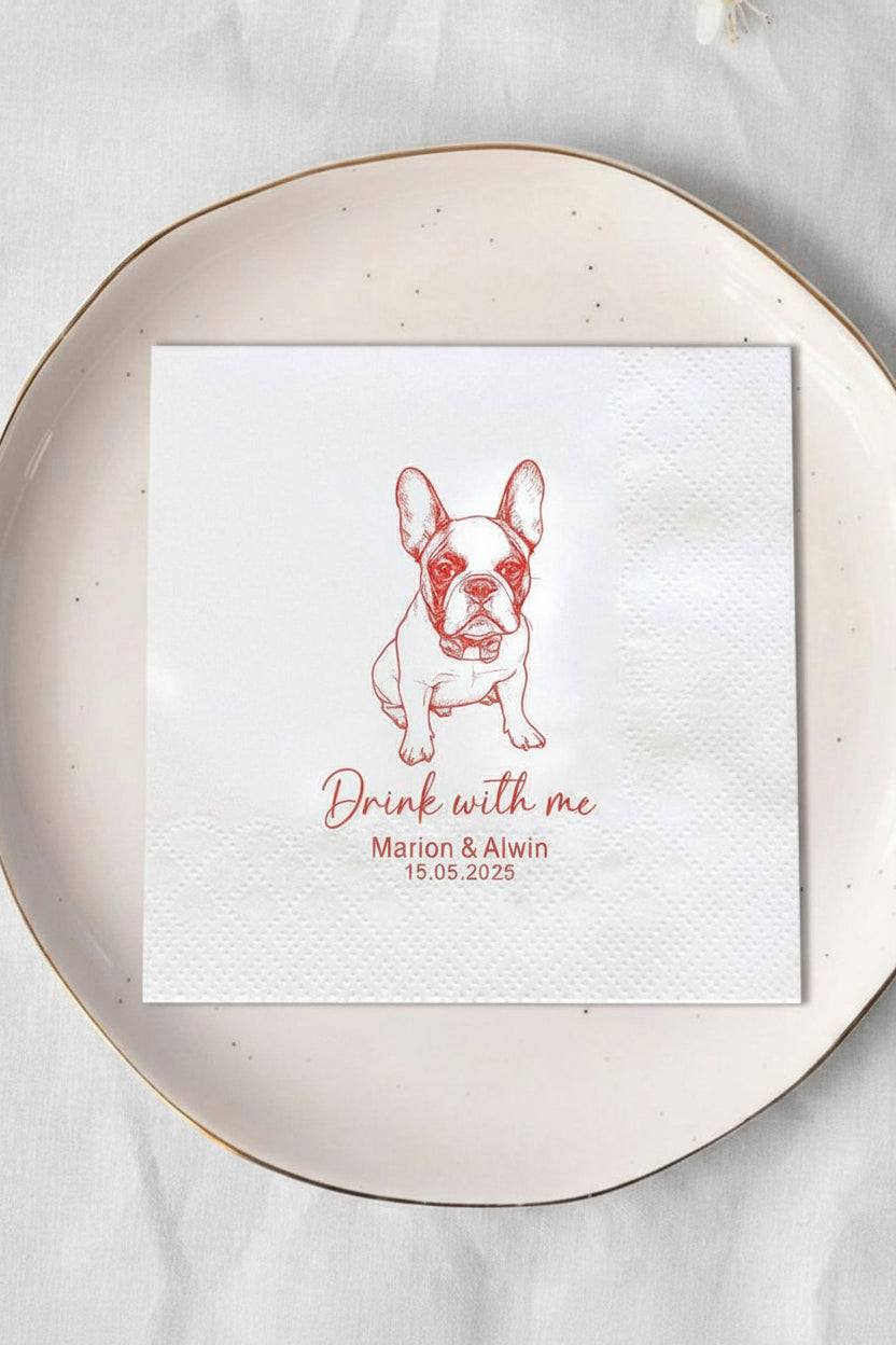 Personalized Pet Cocktail Napkins, Handmade Illustrated Napkins Customized Dog Wedding Napkins