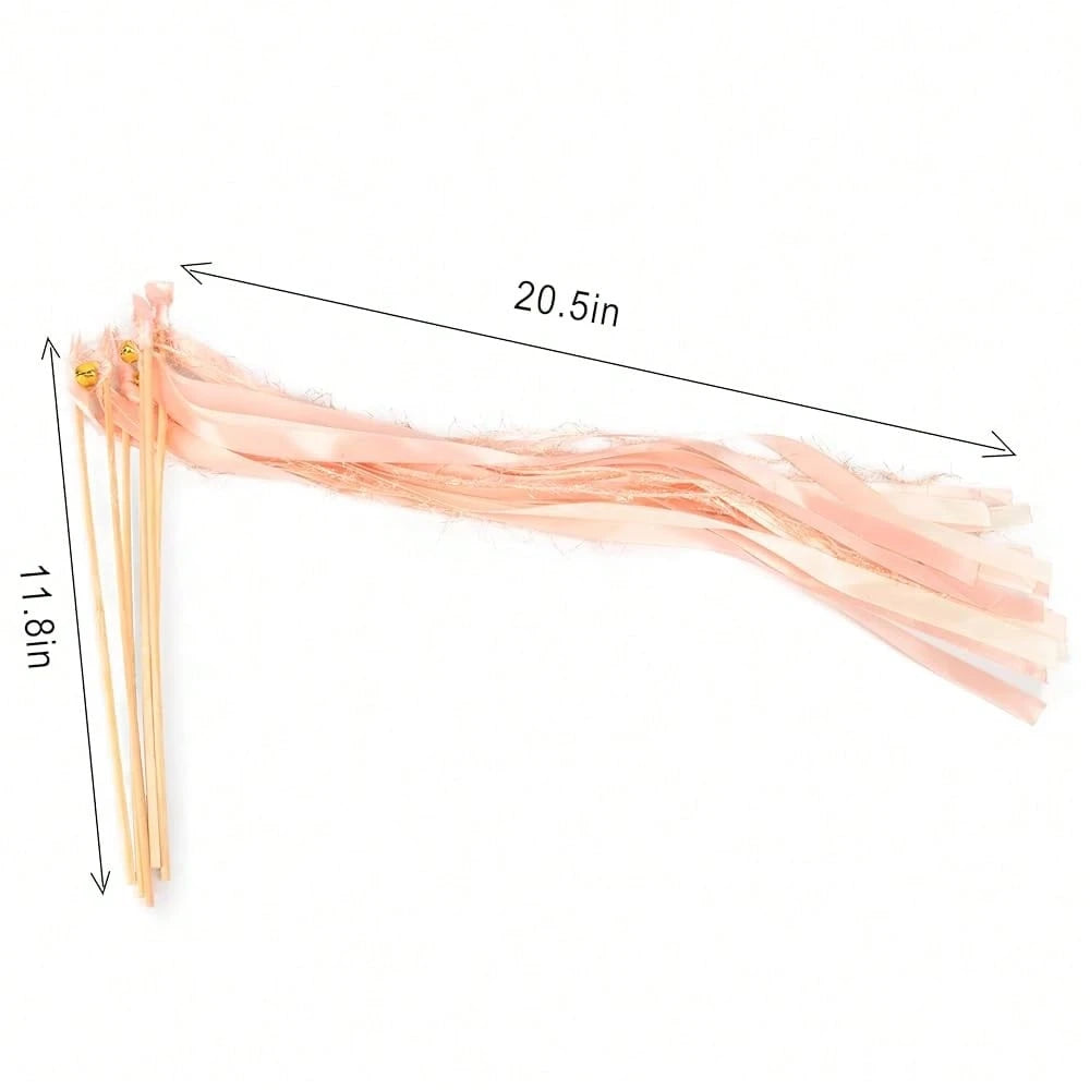 Boho Blush Pink Ribbon Wands with Shimmer Accents and Gold Bells