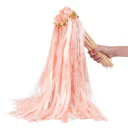 Boho Blush Pink Ribbon Wands with Shimmer Accents and Gold Bells