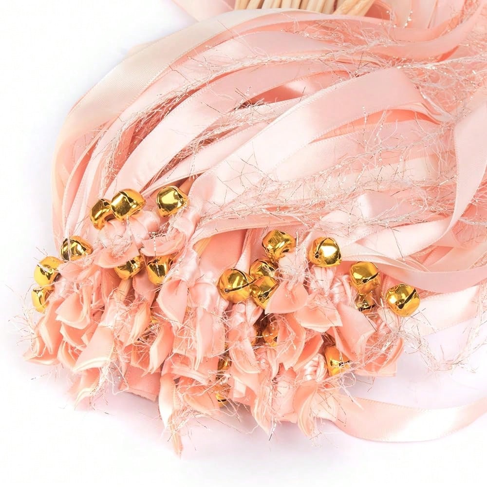 Boho Blush Pink Ribbon Wands with Shimmer Accents and Gold Bells