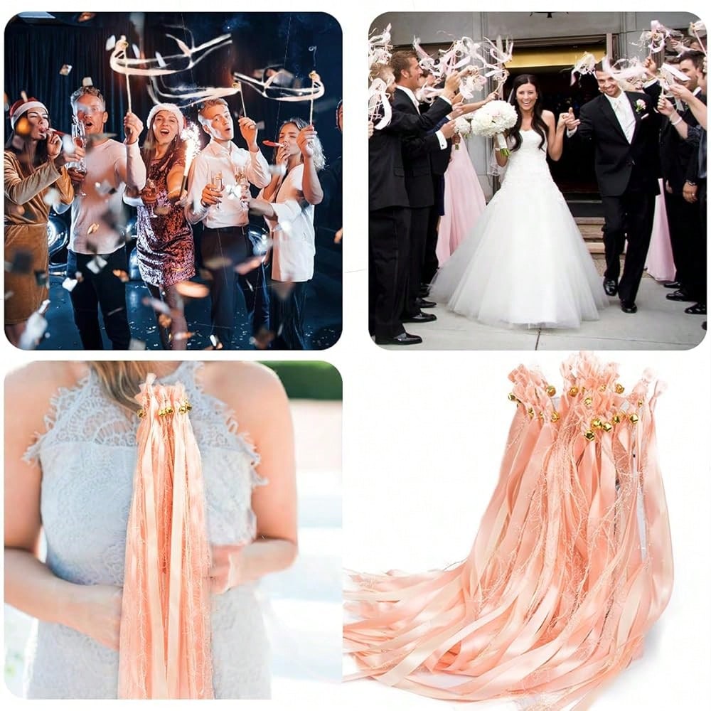 Boho Blush Pink Ribbon Wands with Shimmer Accents and Gold Bells