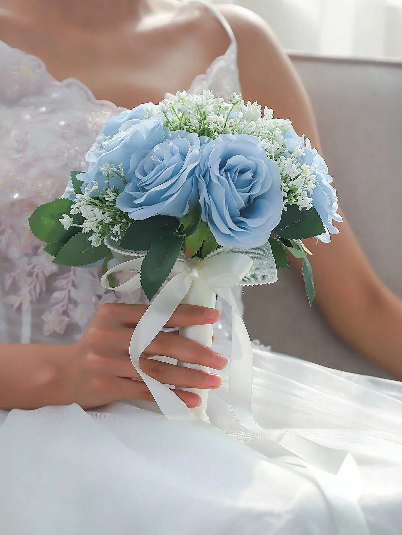 Blue Rose and White Gypsophila Bridal Bouquet for Weddings