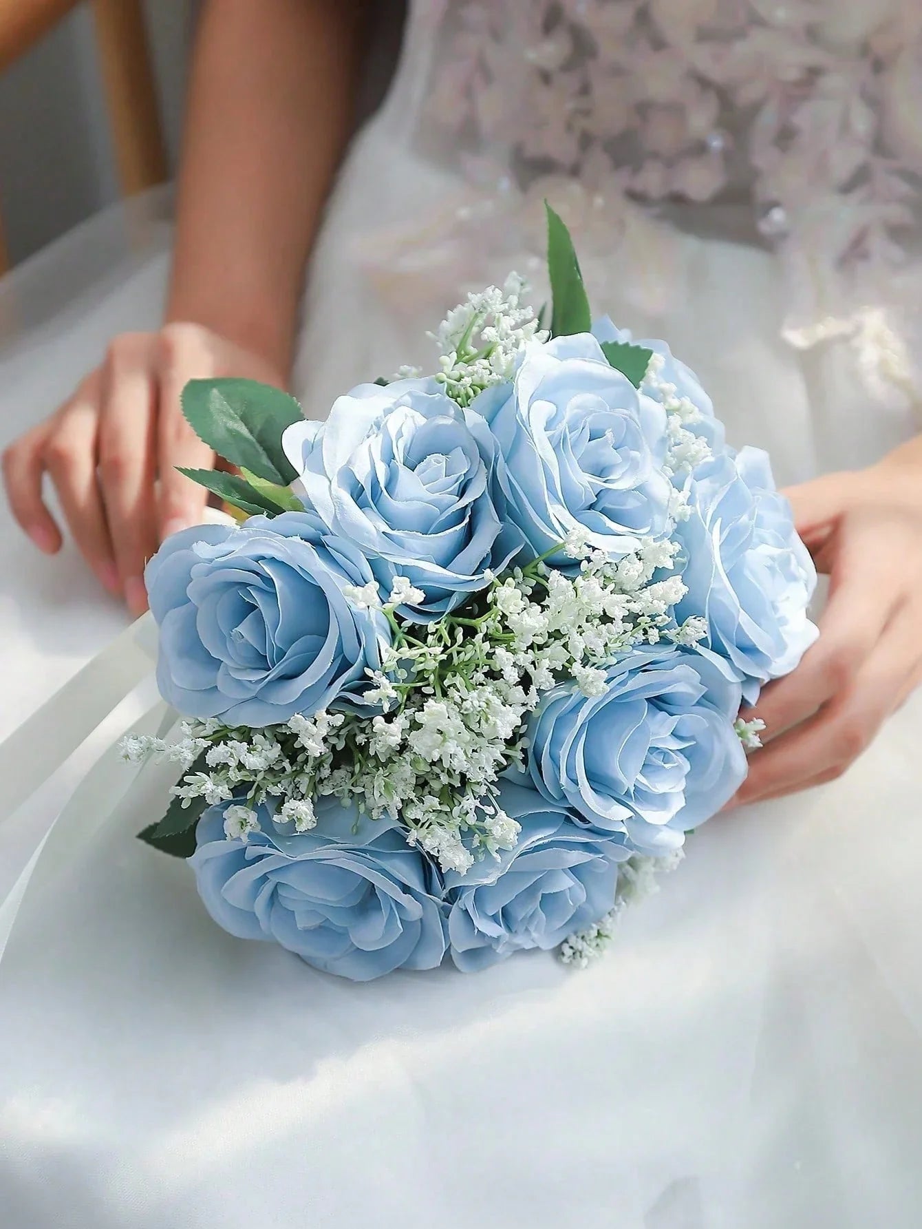 Blue Rose and White Gypsophila Bridal Bouquet for Weddings