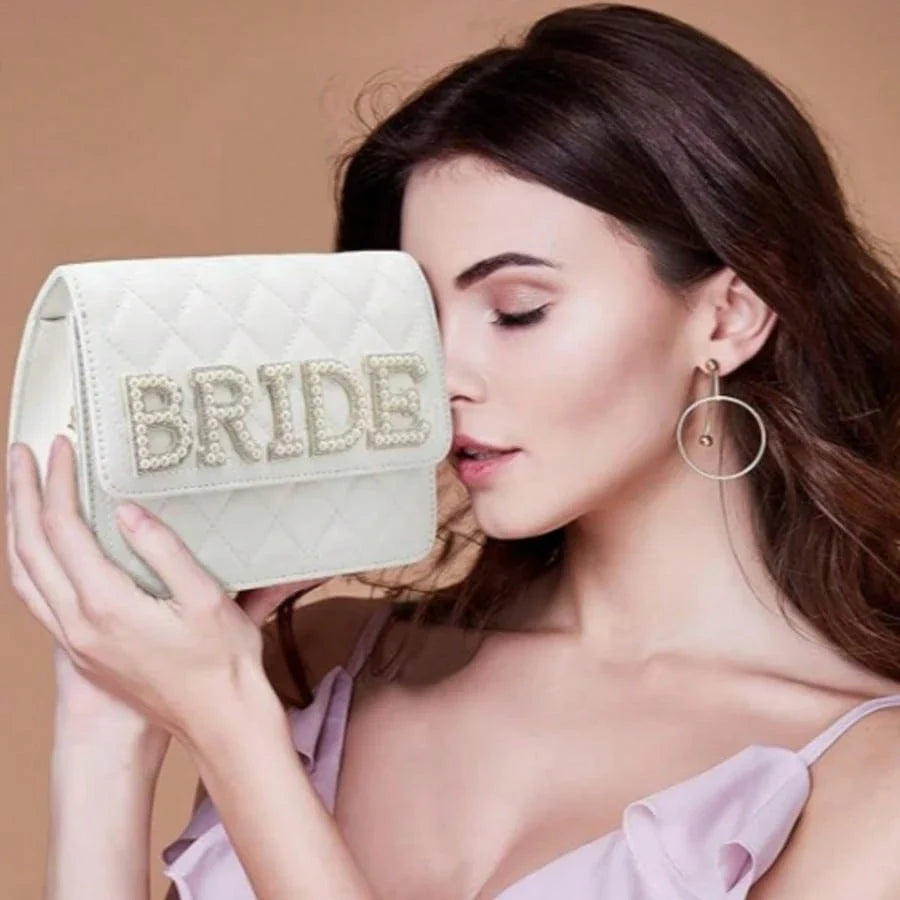 Women's White Leather Pearl Chain Clutch Bag for Wedding Evening