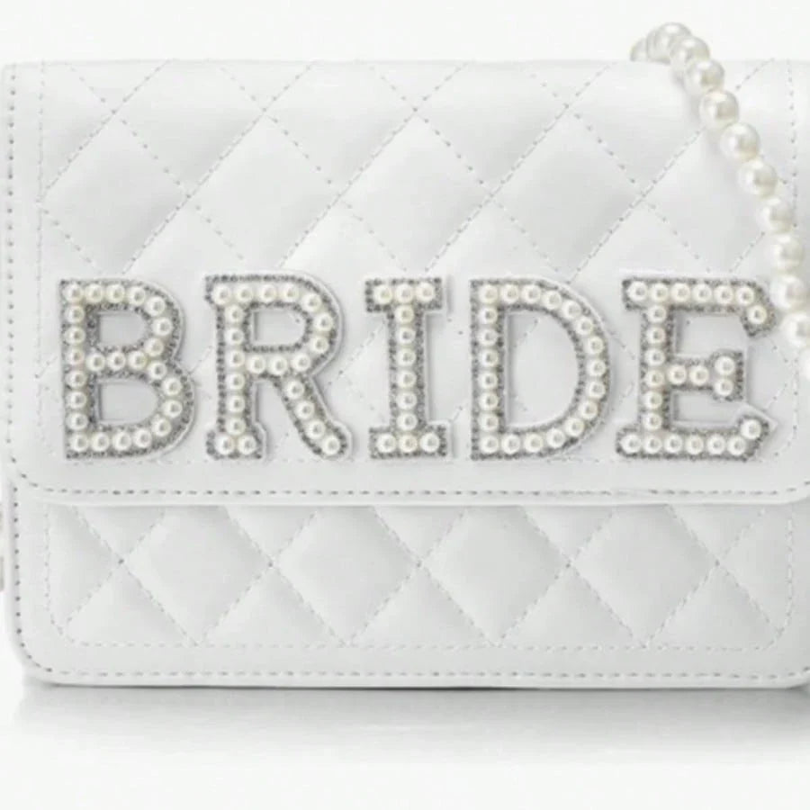 Women's White Leather Pearl Chain Clutch Bag for Wedding Evening