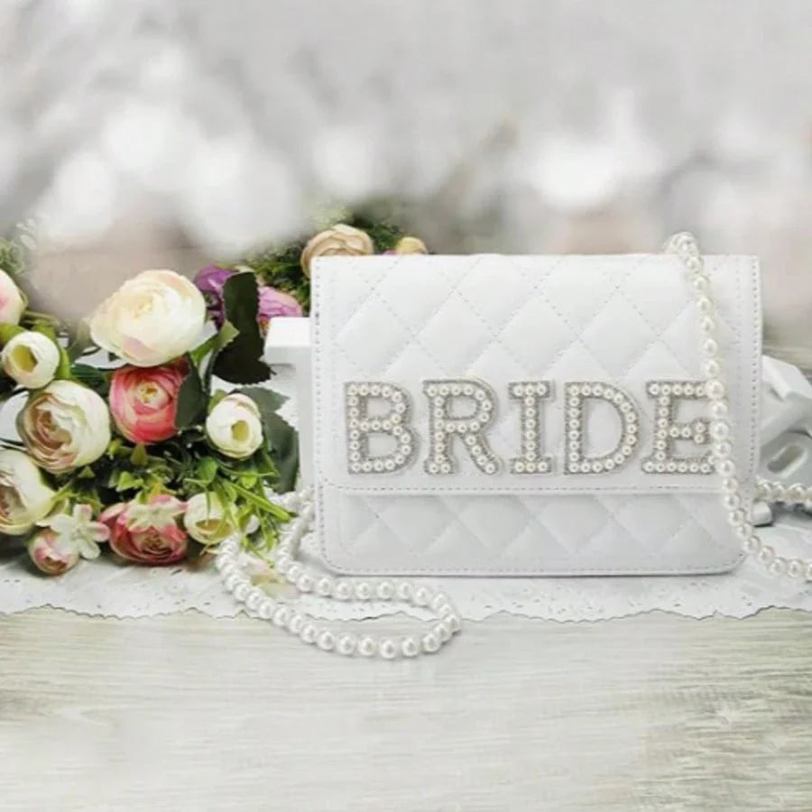 Women's White Leather Pearl Chain Clutch Bag for Wedding Evening